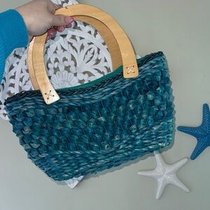 Blue Wicker Bag Purse with wooden handle
